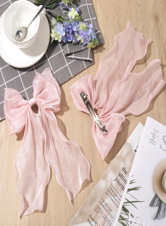 STSTR 2Pcs Large Hair Bow Clips, Pink Silk Yarn Ribbon Bow Hair Barrette for Women, Elegant Long Tail Bowknot French Hair Accessories for Wedding, Parties, Festivals - Image 3